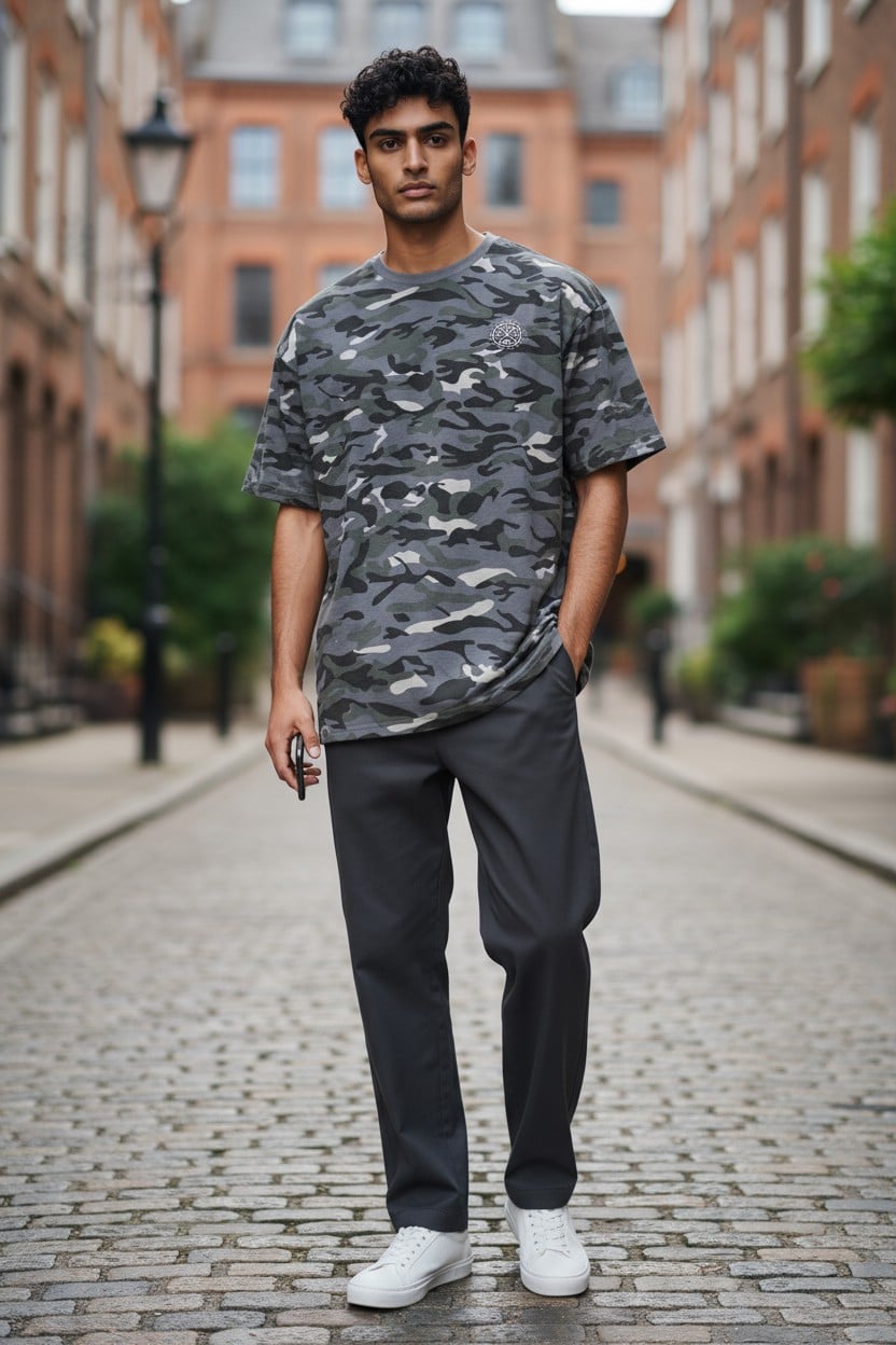 T-shirt camouflage gris pour homme – style urbain et décontracté