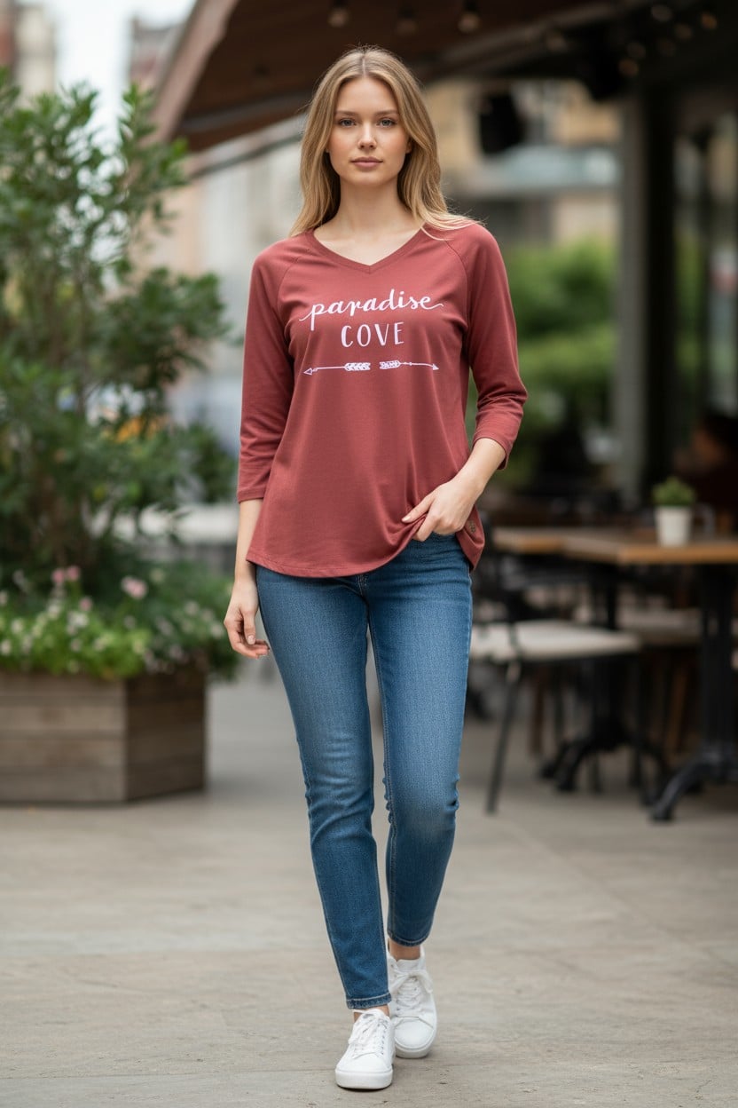 T-shirt bordeaux femme “Paradise Cove” – manches 3/4 et col en V