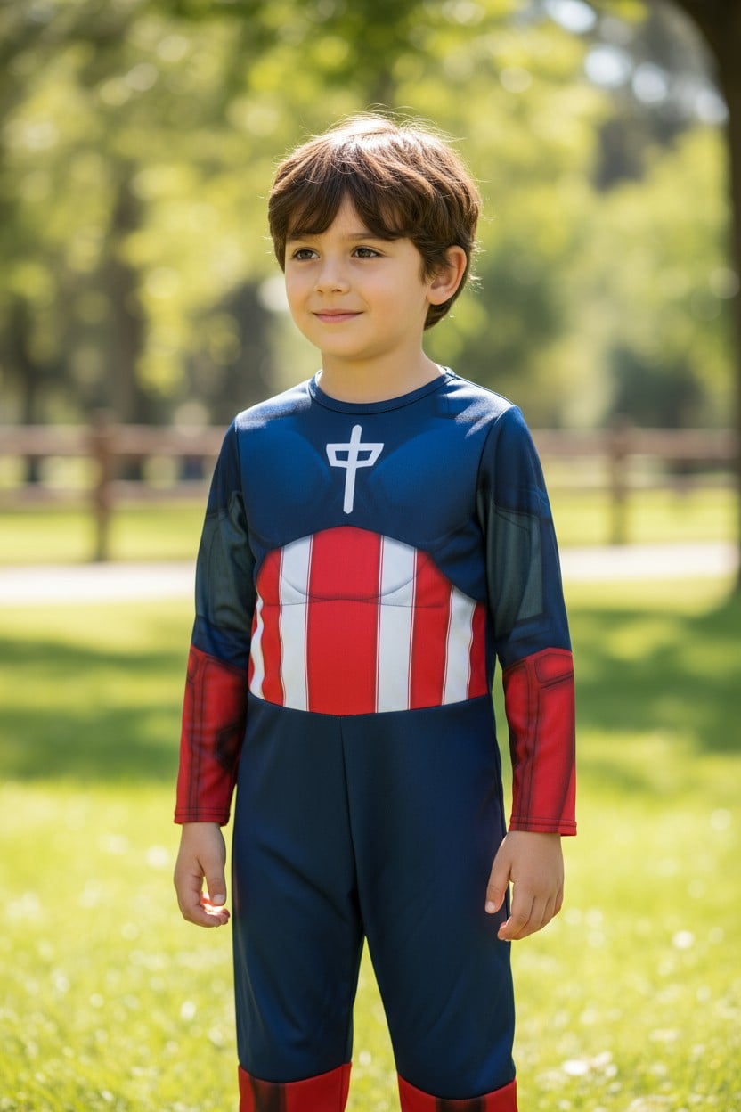 Déguisement enfant super-héros – combinaison rouge, blanche et bleue