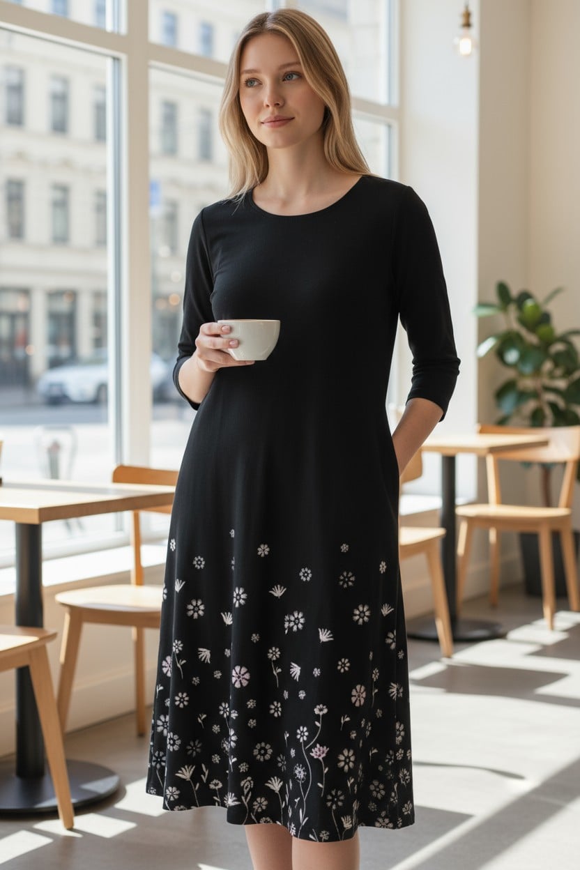 Robe noire élégante à motifs floraux – manches 3/4