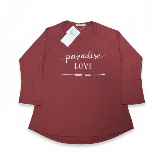 T-shirt bordeaux femme “Paradise Cove” – manches 3/4 et col en V