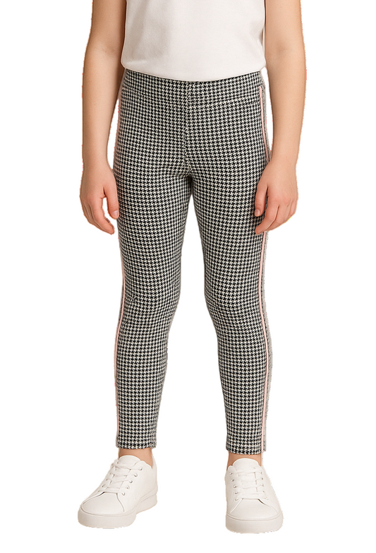 Legging fille motif pied-de-poule avec bande rose et argenté – Confort et style tendance