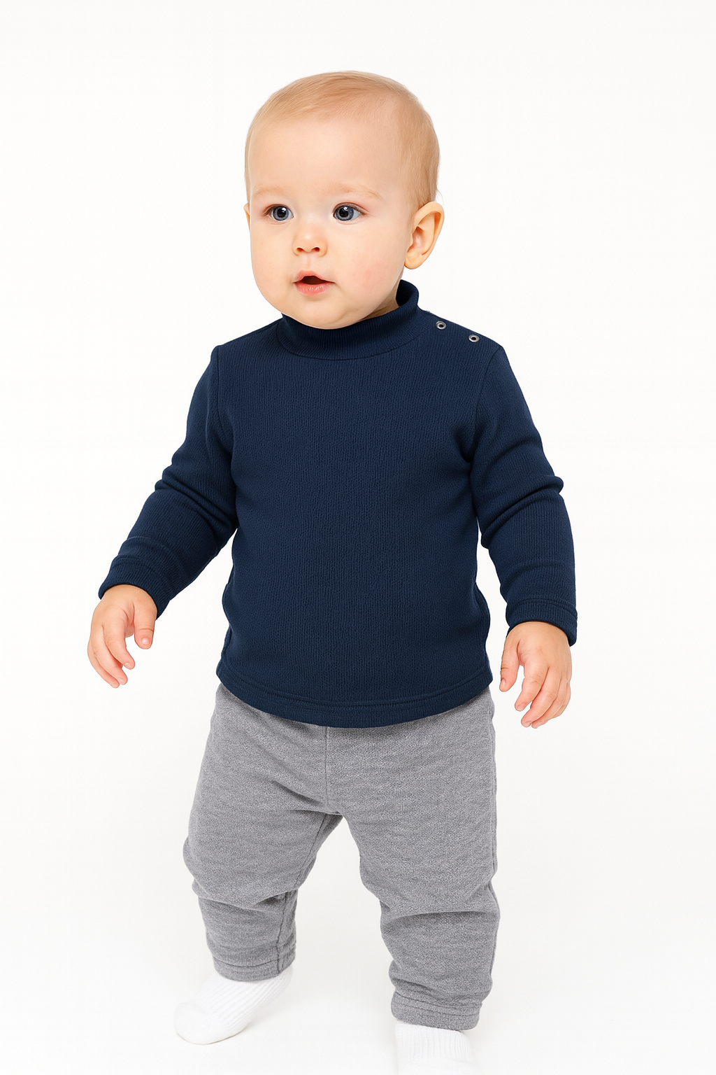 Sous-pull bébé bleu marine à col roulé – 100 % coton chaud