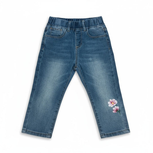 Jean enfant bleu à fleurs brodées – confort et douceur pour les petits