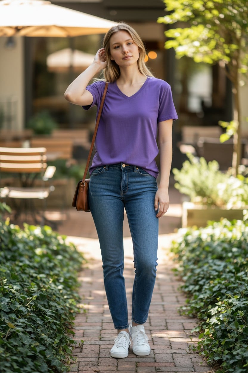 T-shirt violet à col V – coupe féminine et tissu doux