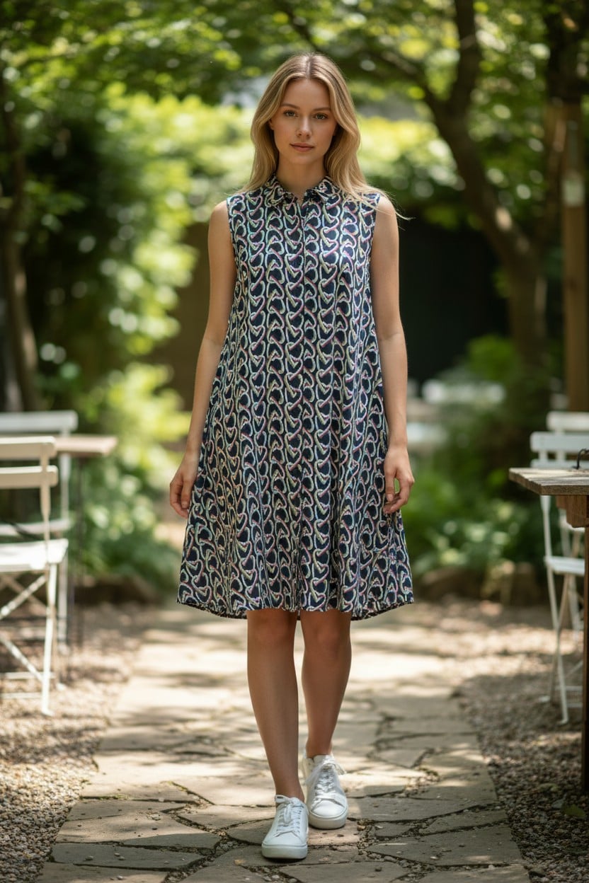 Robe sans manches à imprimé cœurs – coupe évasée et col chemise