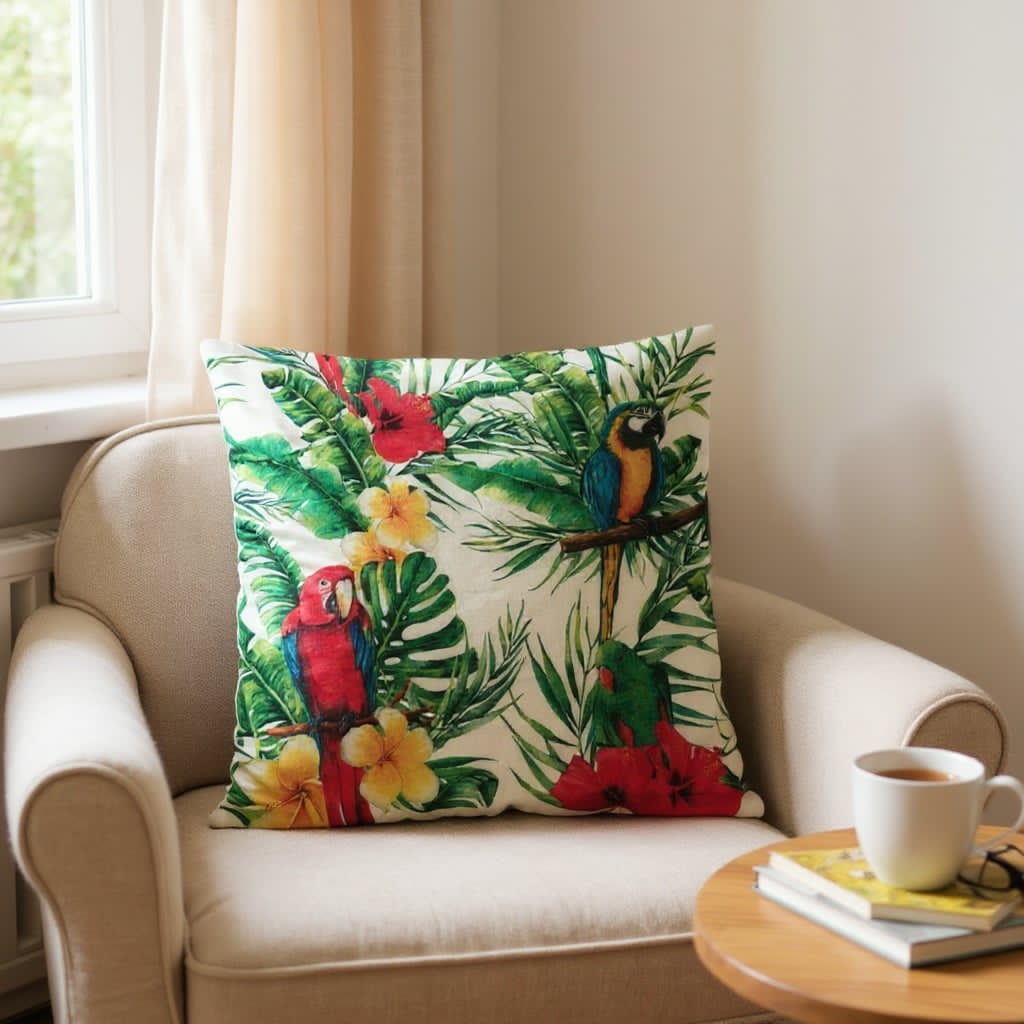 Housse de coussin tropicale – Motif perroquets et fleurs exotiques