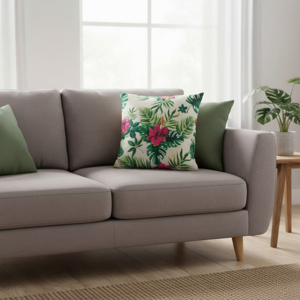 Housse de coussin motif tropical – Fleurs d’hibiscus rose et feuillage vert