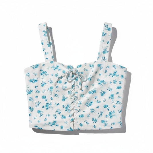 Top bustier à bretelles fleurs bleues – Style vintage romantique