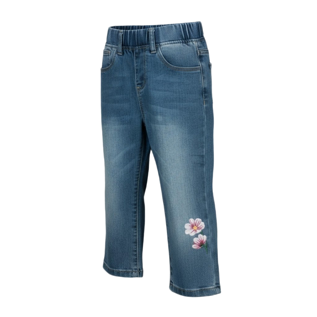 Jean enfant bleu à fleurs brodées – confort et douceur pour les petits