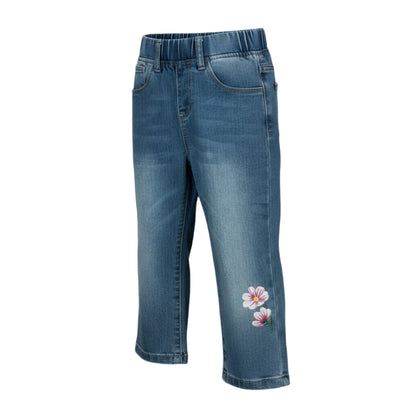Jean enfant bleu à fleurs brodées – confort et douceur pour les petits