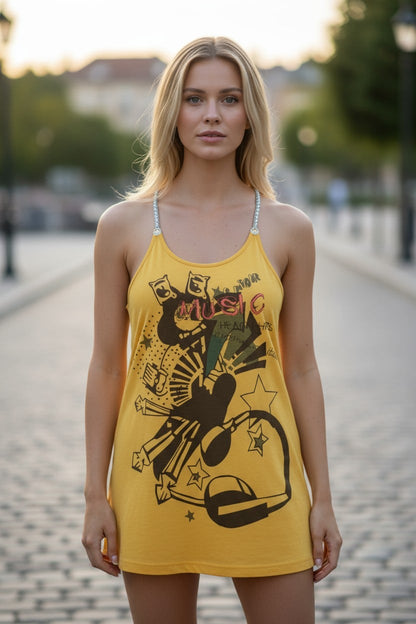 Débardeur jaune “Music” à motif graphique – style street et fun