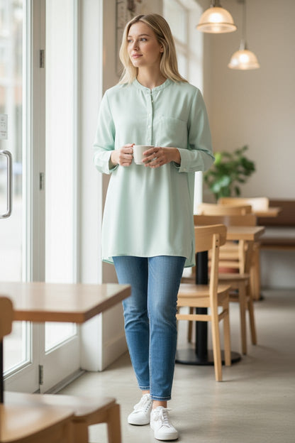 Chemise tunique vert menthe – coupe ample et col mao