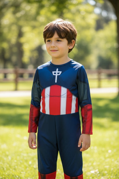 Déguisement enfant super-héros – combinaison rouge, blanche et bleue