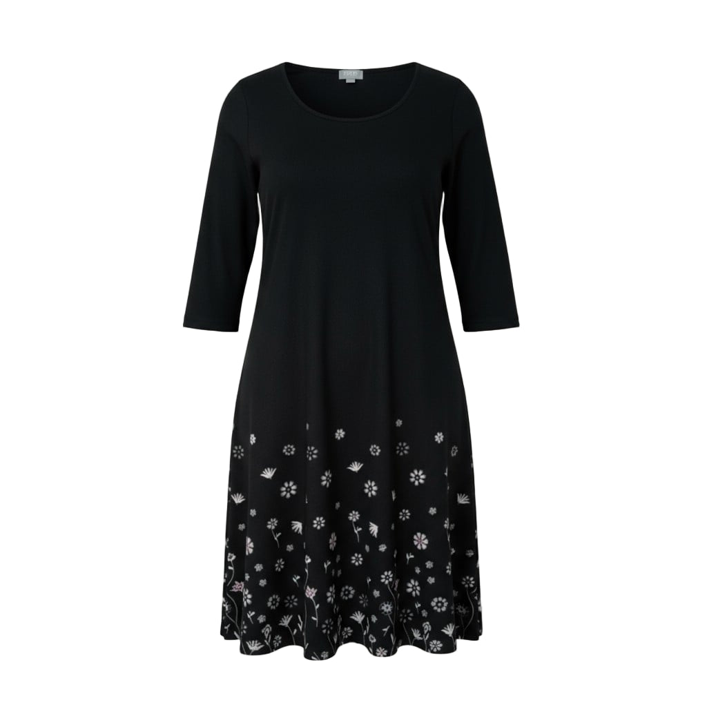 Robe noire élégante à motifs floraux – manches 3/4