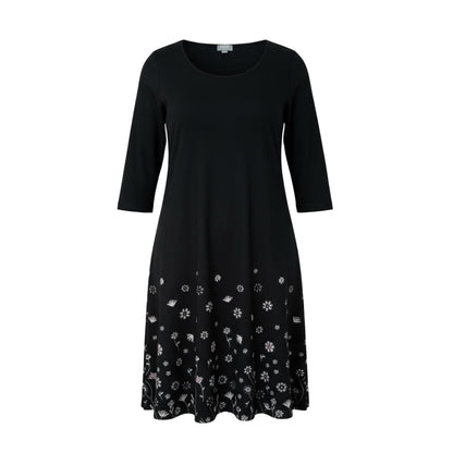 Robe noire élégante à motifs floraux – manches 3/4