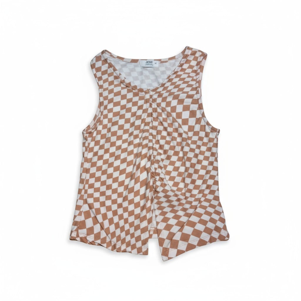 Débardeur motif damier marron et blanc – style rétro moderne