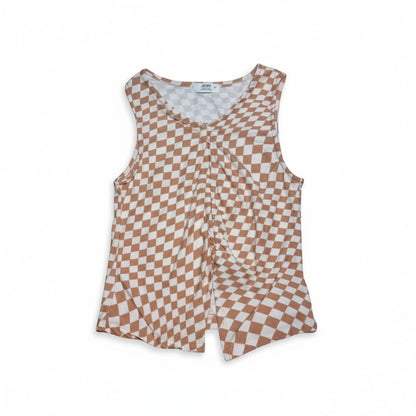 Débardeur motif damier marron et blanc – style rétro moderne