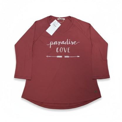T-shirt bordeaux femme “Paradise Cove” – manches 3/4 et col en V