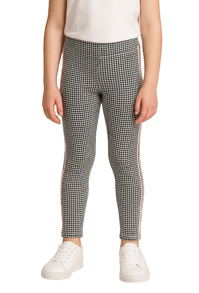 Legging fille motif pied-de-poule avec bande rose et argenté – Confort et style tendance
