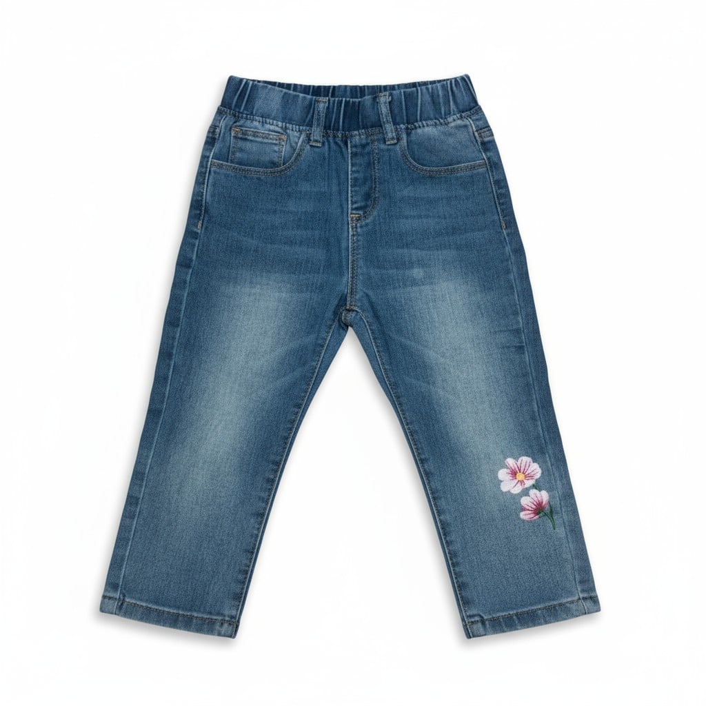 Jean enfant bleu à fleurs brodées – confort et douceur pour les petits