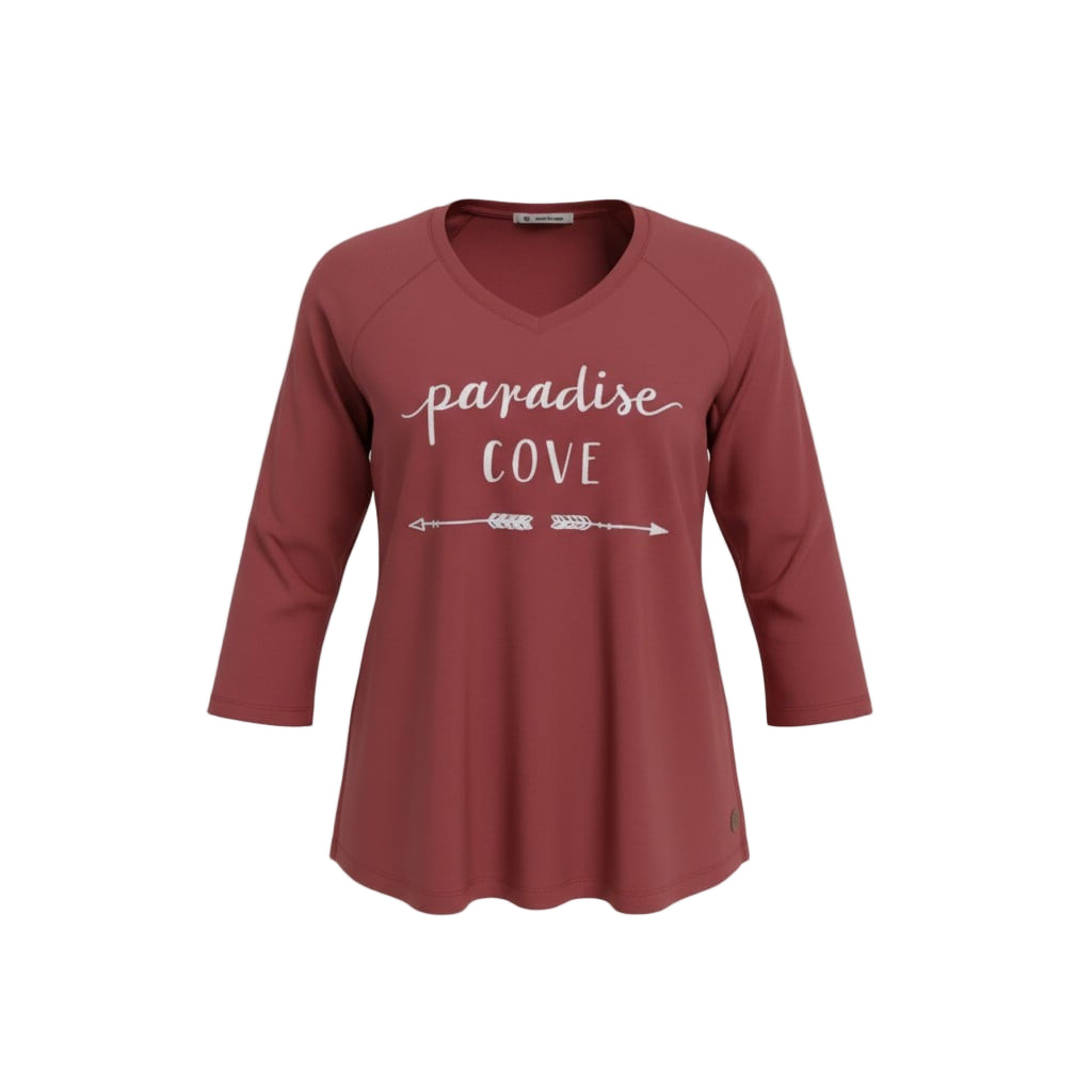 T-shirt bordeaux femme “Paradise Cove” – manches 3/4 et col en V