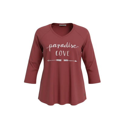 T-shirt bordeaux femme “Paradise Cove” – manches 3/4 et col en V