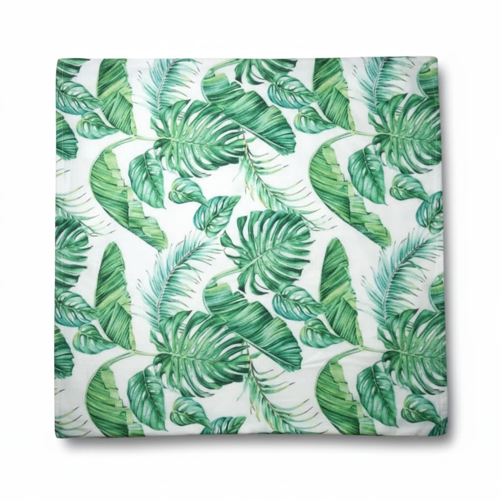 Housse de coussin tropicale – Feuilles vertes sur fond blanc