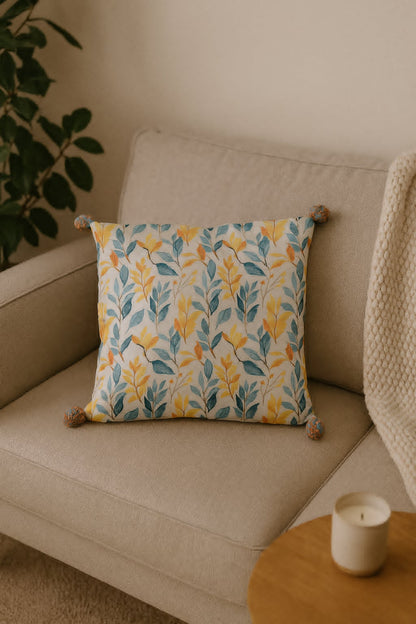 Housse de coussin à pompons – Motif feuillage jaune et bleu