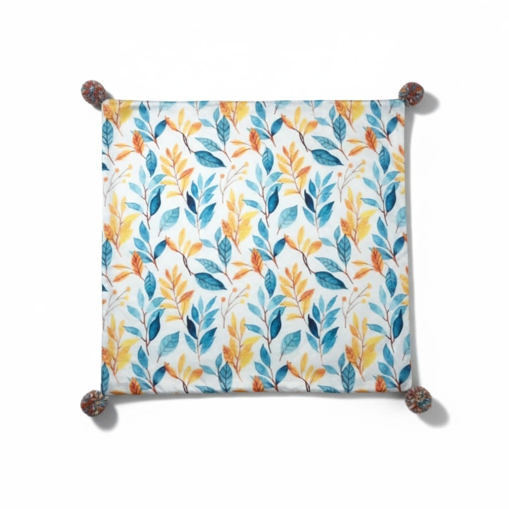 Housse de coussin à pompons – Motif feuillage jaune et bleu
