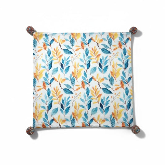 Housse de coussin à pompons – Motif feuillage jaune et bleu