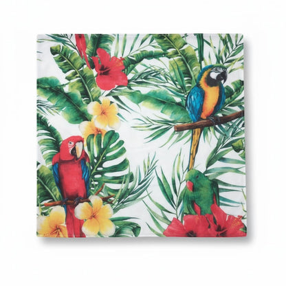 Housse de coussin tropicale – Motif perroquets et fleurs exotiques