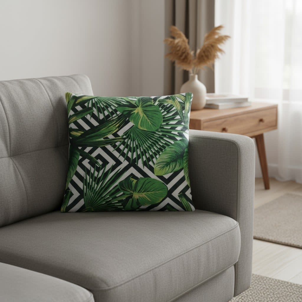 Housse de coussin tropicale – Feuilles exotiques et motif géométrique