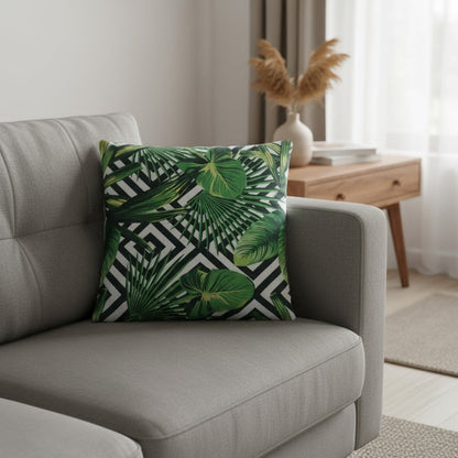 Housse de coussin tropicale – Feuilles exotiques et motif géométrique