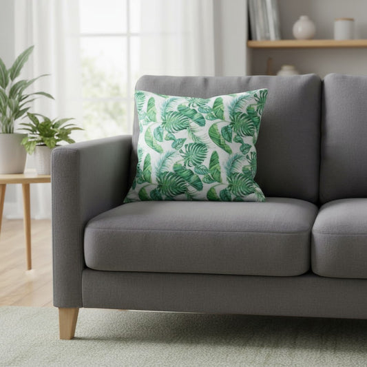 Housse de coussin tropicale – Feuilles vertes sur fond blanc