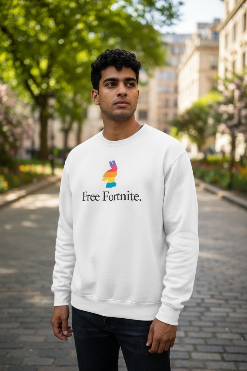 Sweat blanc “Free Fortnite” – édition limitée, logo coloré