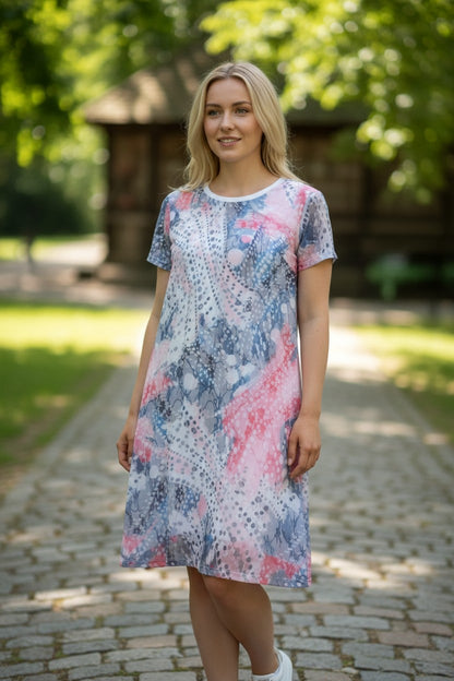 Robe d’été fluide à motifs abstraits bleu, rose et gris