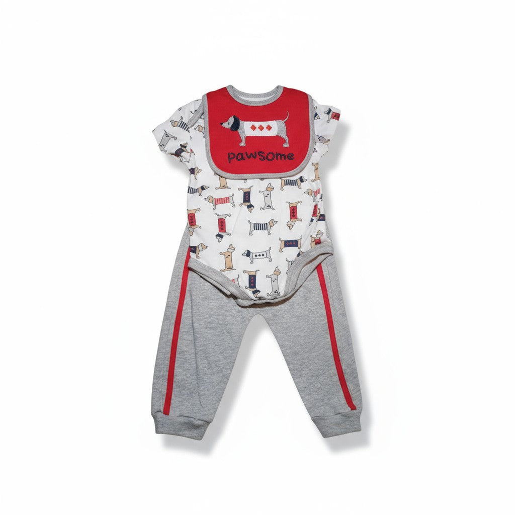 Ensemble bébé 3 pièces “Pawsome” – Body, pantalon et bavoir assorti