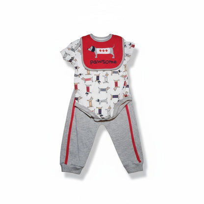 Ensemble bébé 3 pièces “Pawsome” – Body, pantalon et bavoir assorti