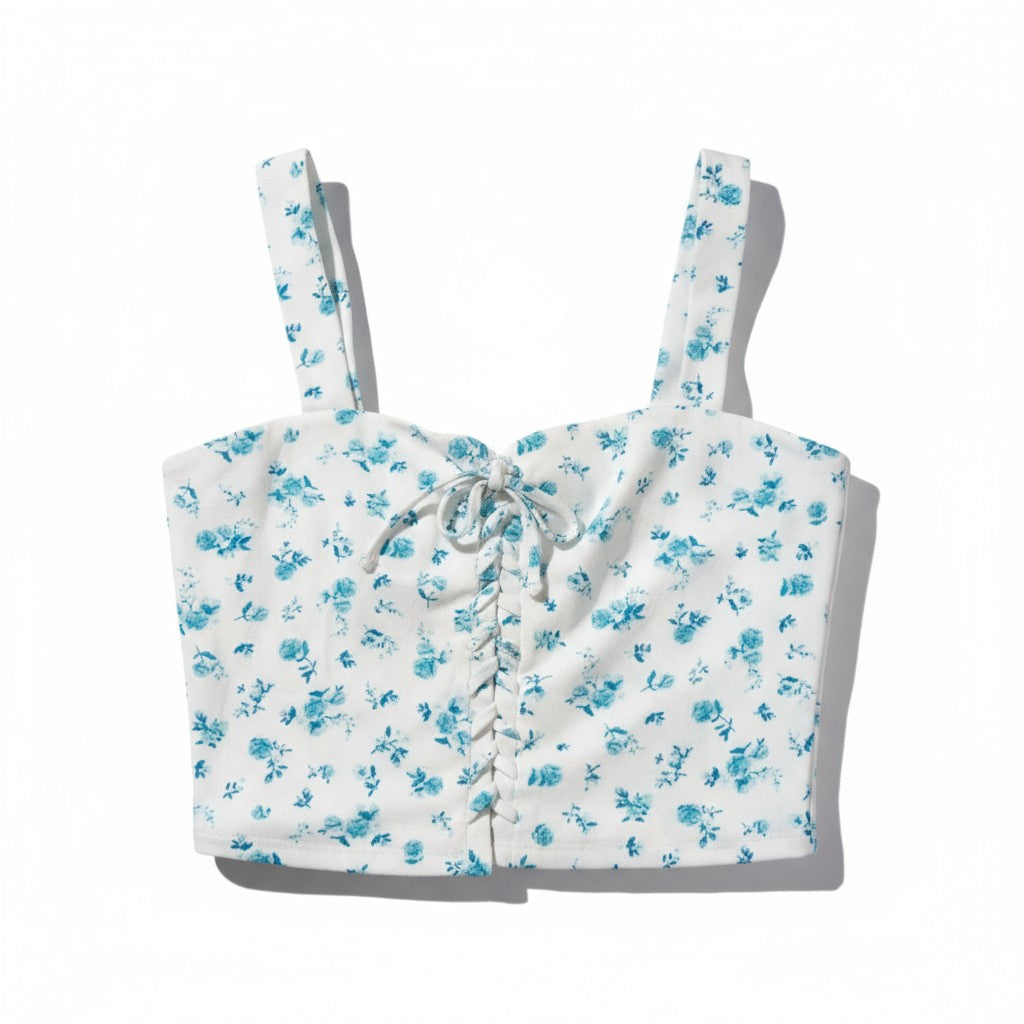 Top bustier à bretelles fleurs bleues – Style vintage romantique