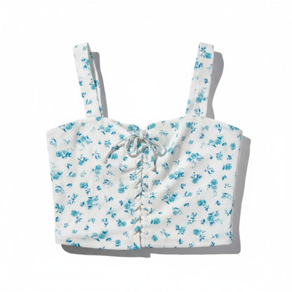 Top bustier à bretelles fleurs bleues – Style vintage romantique