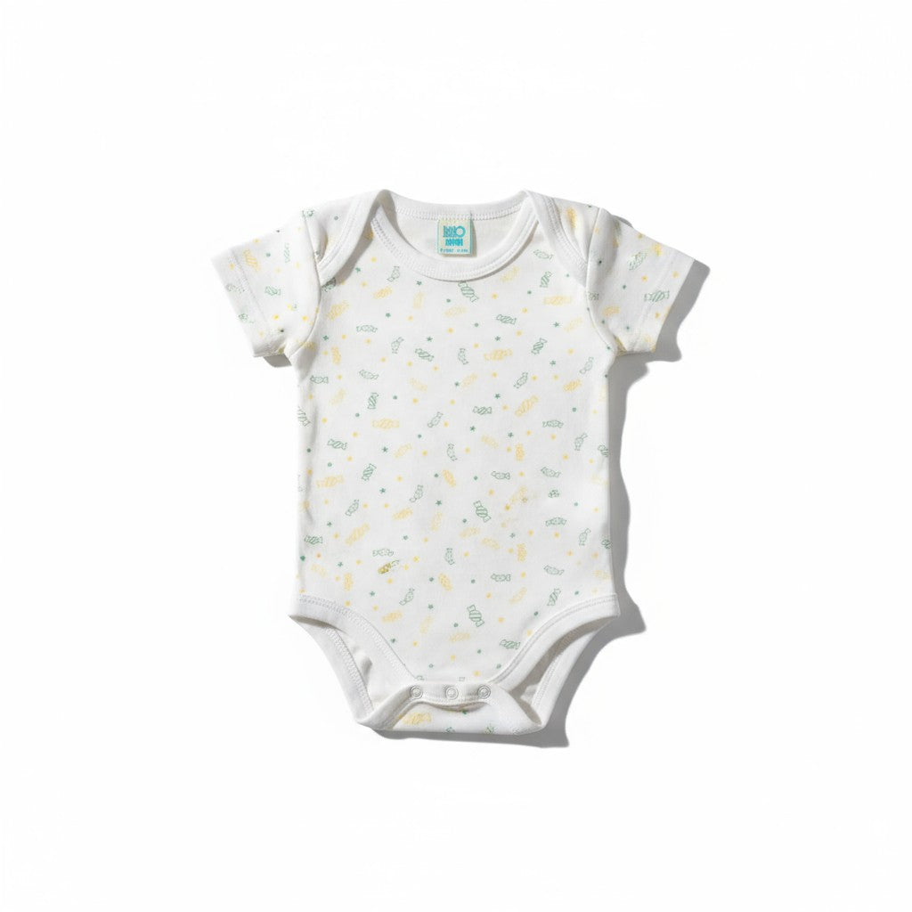 Body bébé blanc à motifs friandise verts et jaunes