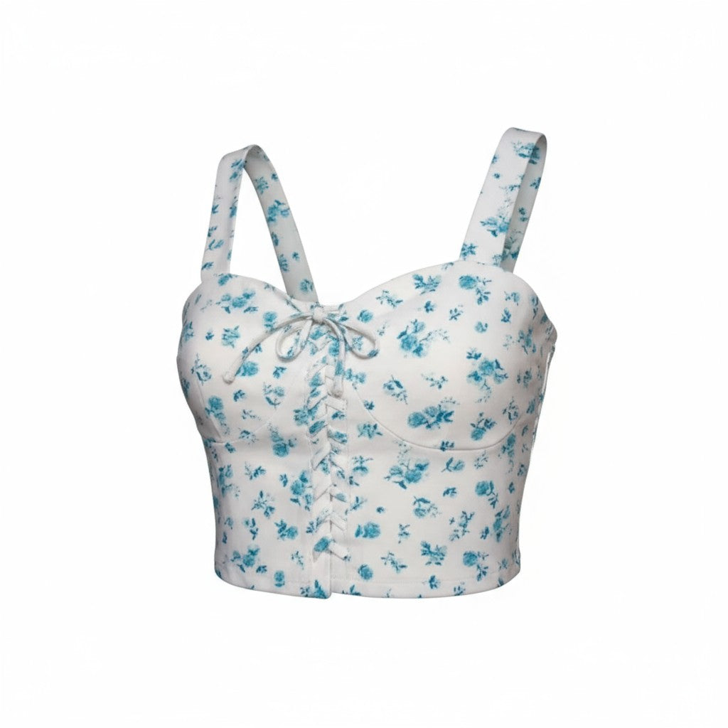Top bustier à bretelles fleurs bleues – Style vintage romantique