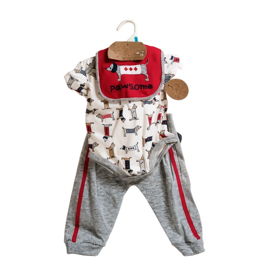 Ensemble bébé 3 pièces “Pawsome” – Body, pantalon et bavoir assorti